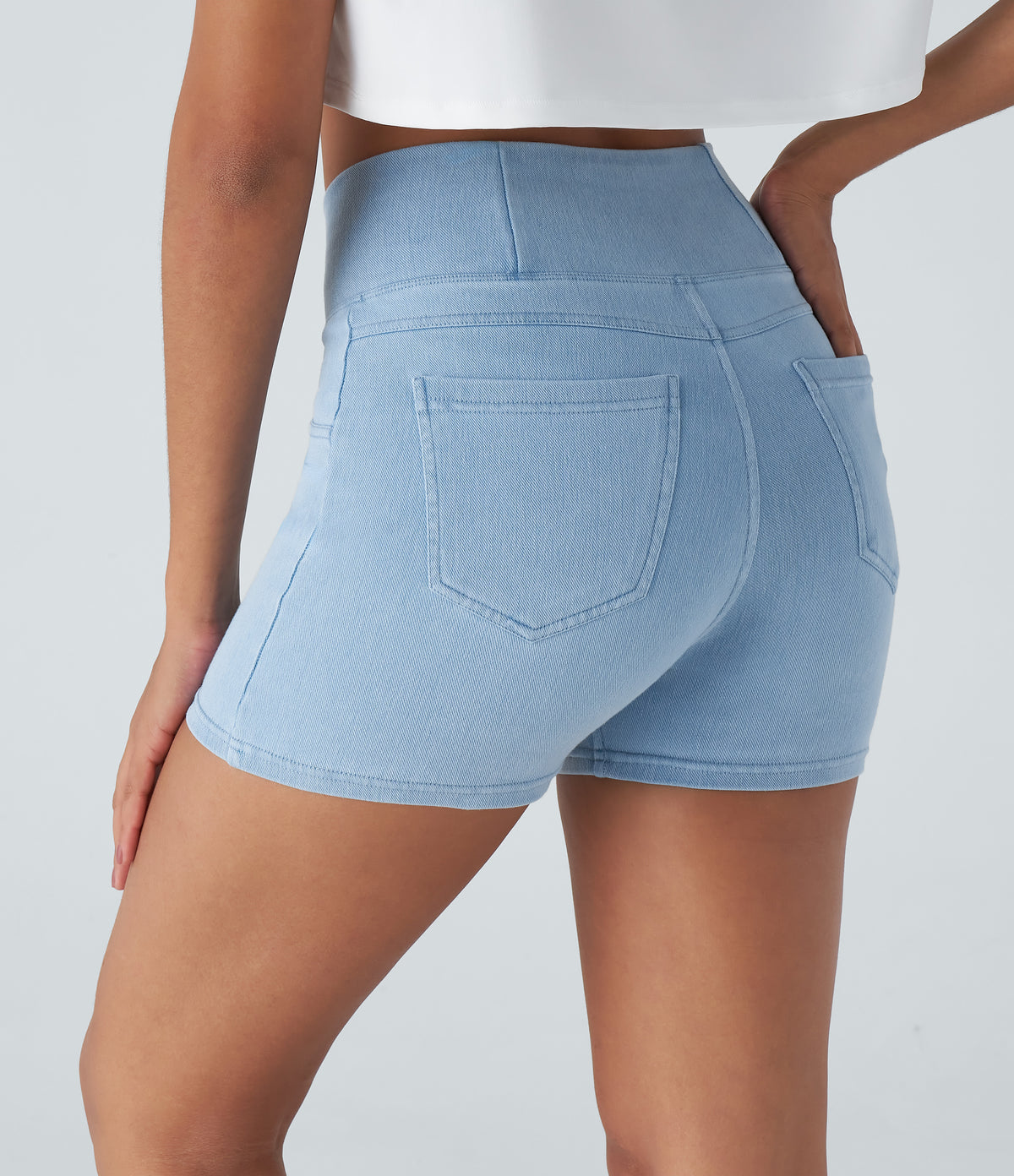 Halara Flex™ High Waisted Crossover Pocket Denim Casual Shorts 3" - Washed Denim Sunny Blue