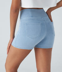 Halara Flex™ High Waisted Crossover Pocket Denim Casual Shorts 3" - Washed Denim Sunny Blue
