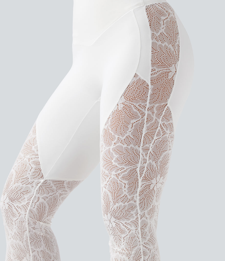 Halara UltraSculpt™ High Waisted Tummy Control Contrast Lace Yoga Flare Leggings with Pocket - White