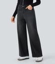 Halara Flex™ Low Rise Zipper Pockets Washed Baggy Wide Leg Casual Jeans - Dirty Black Denim