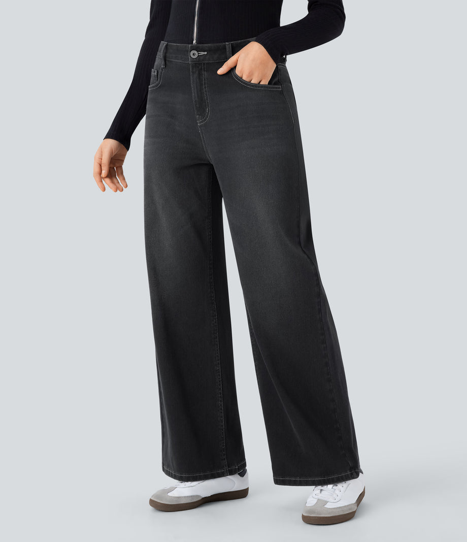 Halara Flex™ Low Rise Zipper Pockets Washed Baggy Wide Leg Casual Jeans - Dirty Black Denim