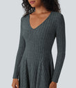Ribbed Knit V Neck Long Sleeve Flare Mini Casual Dress with Pockets - Mottled Grey Blue