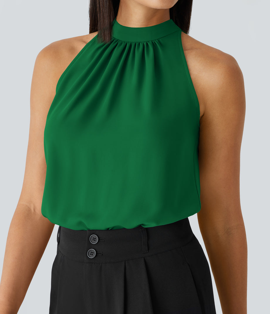 Keyhole Back Halter Sleeveless Curved Hem Work Blouse - Abundant Green