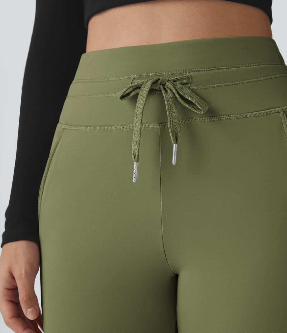 SoftlyZero™ Plush High Waisted Drawstring Pocket Plain Full Length Joggers - Loden Green