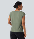 V Neck Short Sleeve Casual T-Shirt - Hedge Green