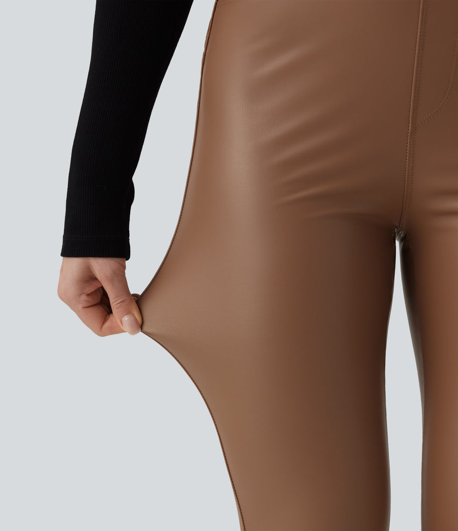 High Waisted Stretchy PU Fleece Casual Leggings with Pockets - Argan Oil