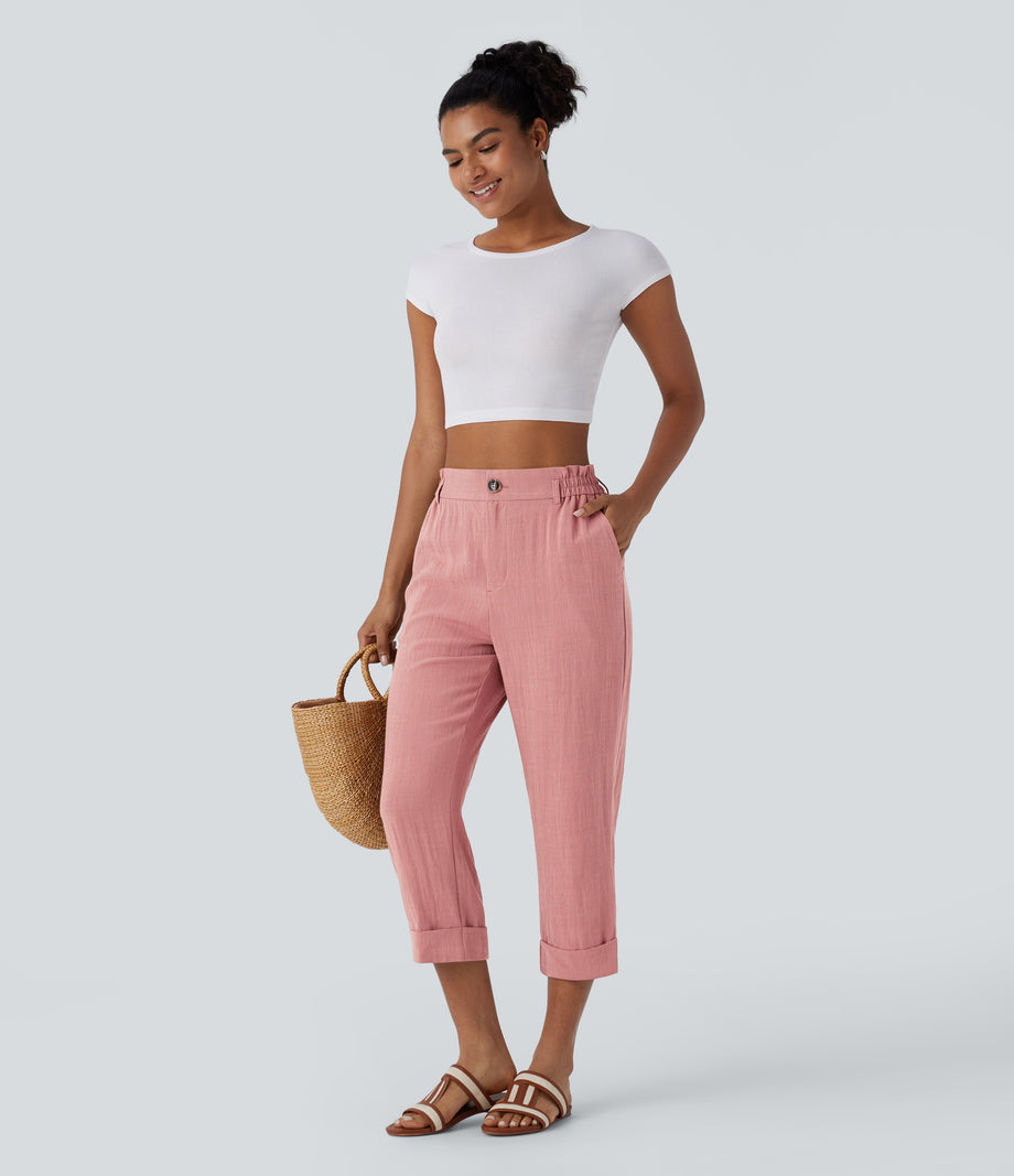 High Waisted Zipper Pocket Cropped Linen-Feel Pants - Rosette