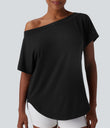 One Shoulder Short Sleeve Curved Hem High Low Quick Dry Yoga Sports Top - Black