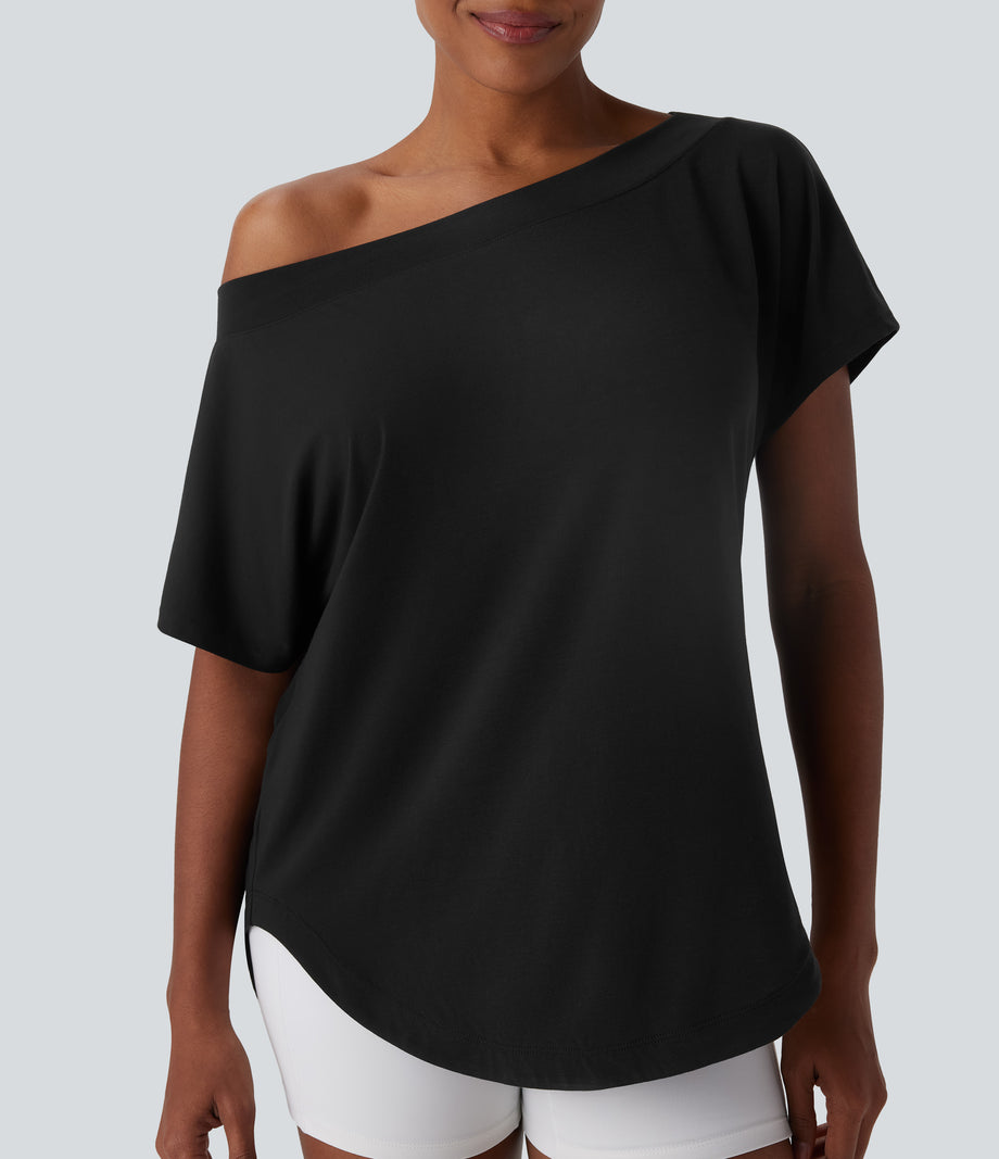 One Shoulder Short Sleeve Curved Hem High Low Quick Dry Yoga Sports Top - Black