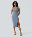 Ruched Lace Up Bodycon Midi Casual Dress - Snowflake Blue
