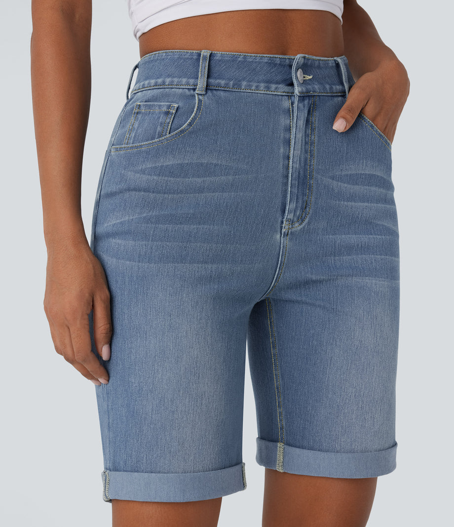 Halara Flex™ High Waisted Pockets Rolled Hem Washed Denim Casual Bermuda Shorts - Blue Spruce Denim
