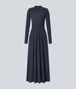 Mock-neck Long Sleeve Pocket Flare Maxi Casual Dress - Dark Sapphire