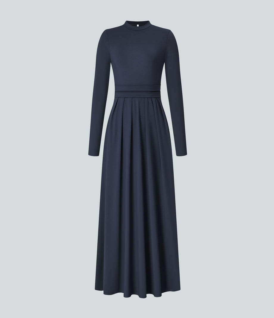 Mock-neck Long Sleeve Pocket Flare Maxi Casual Dress - Dark Sapphire