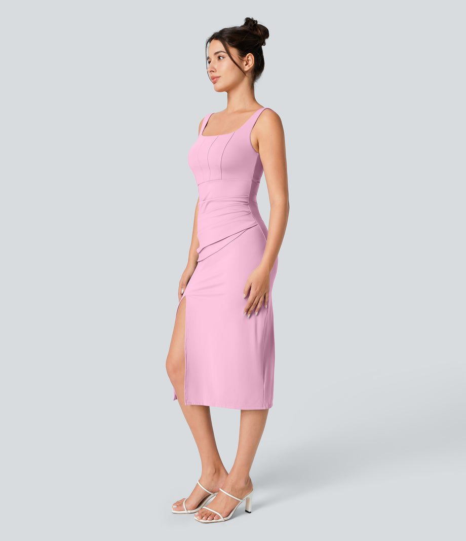 SoftlyZero™ Airy Square Neck Backless Corset Ruched Split Bodycon Midi Cool Touch Bridesmaid and Wedding Guest Dress - Nosegay