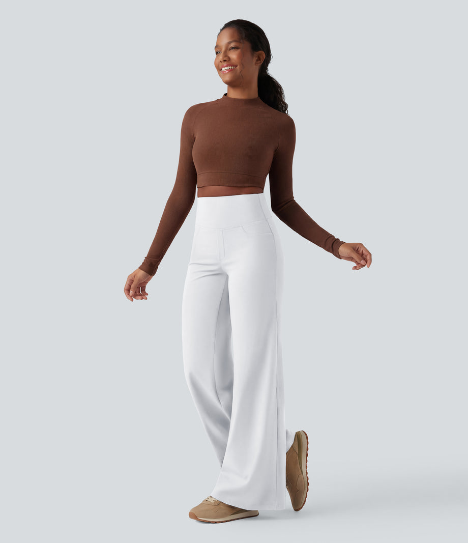 DayStretch High Waisted Tummy Control Wide Leg Baggy Yoga Pants with Pockets - White