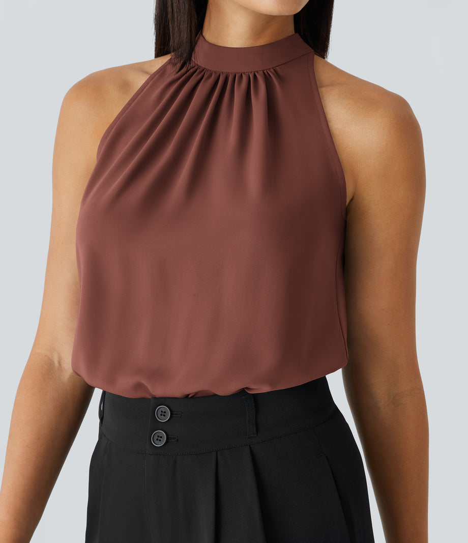 Keyhole Back Halter Sleeveless Curved Hem Work Blouse - Mahogany