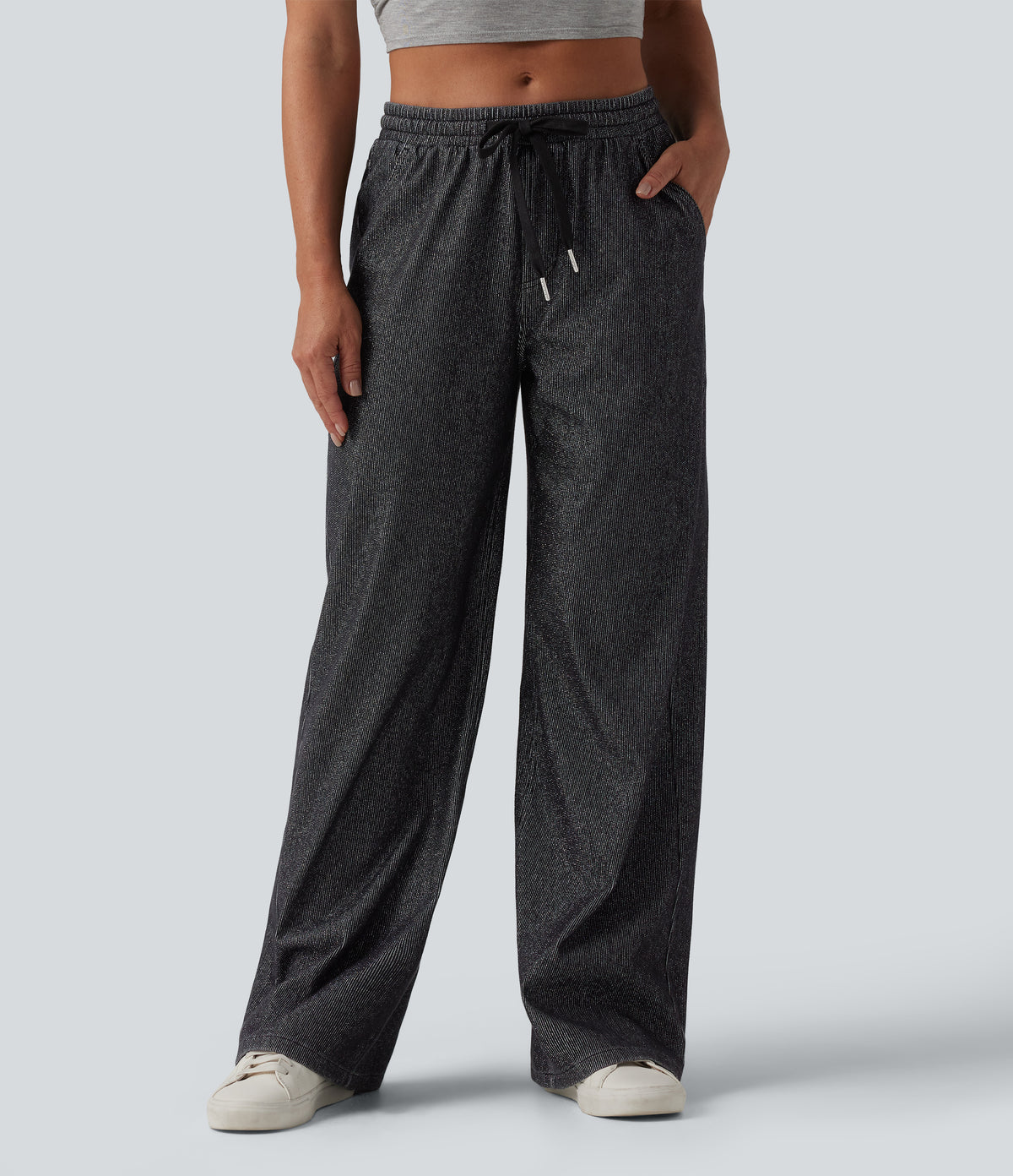 Halara Flex™ Low Rise Drawstring Wide Leg Sparkle Casual Sweatpants Jeans with Pockets - Phantom Denim