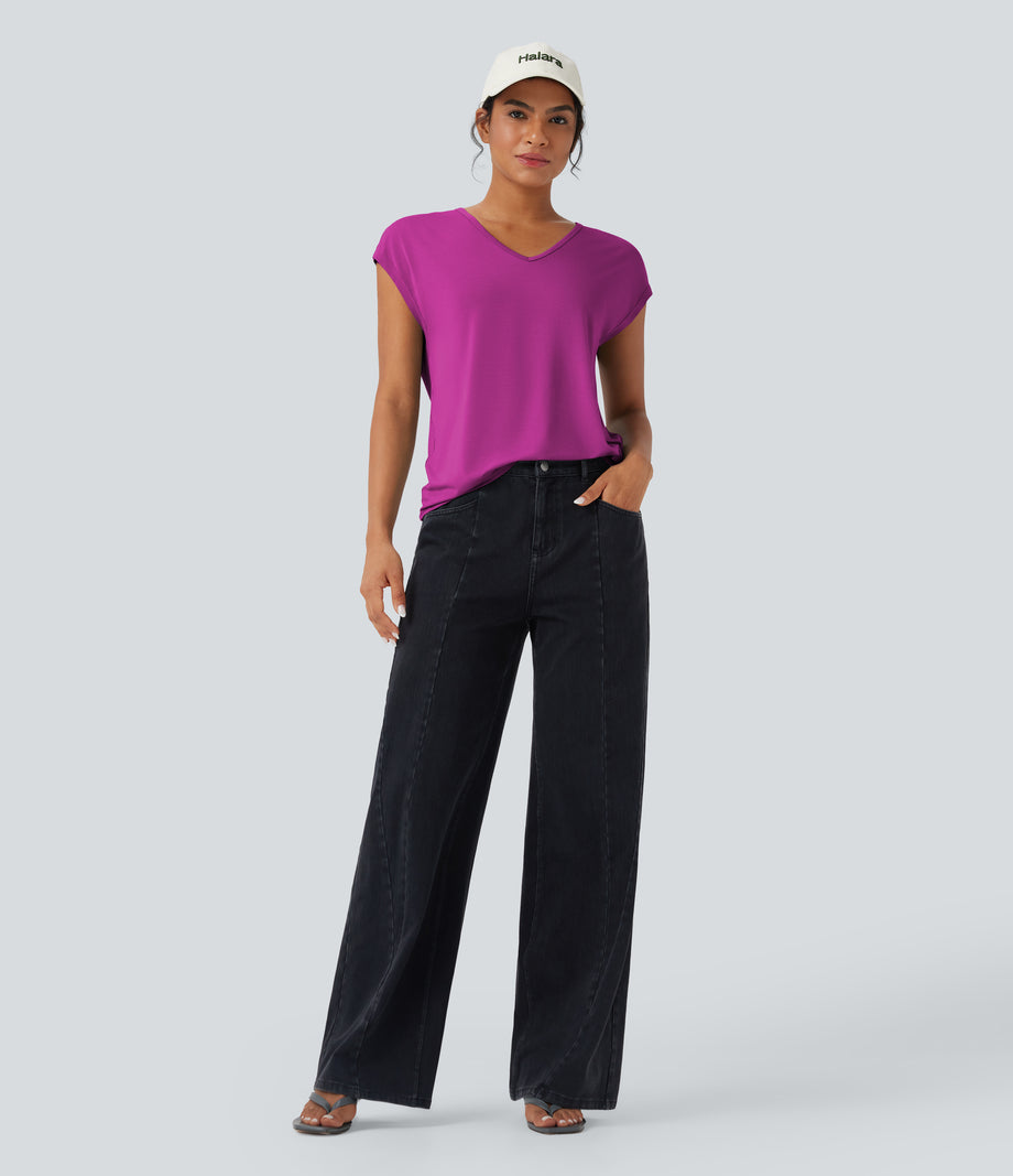 V Neck Short Sleeve Casual T-Shirt - Fuchsia Fedora