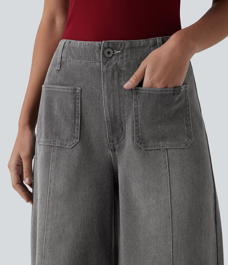 Halara Flex™ High Waisted Pockets Washed Casual Wide Leg Jeans - Cool Gray Denim