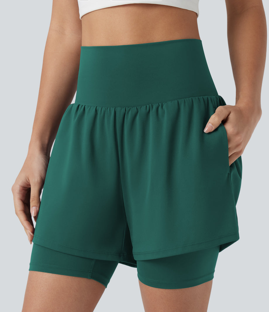 SoftlyZero™ Airy Super High Waisted 2-in-1 Cool Touch Yoga Shorts 7'' with Pockets - Forest Biome