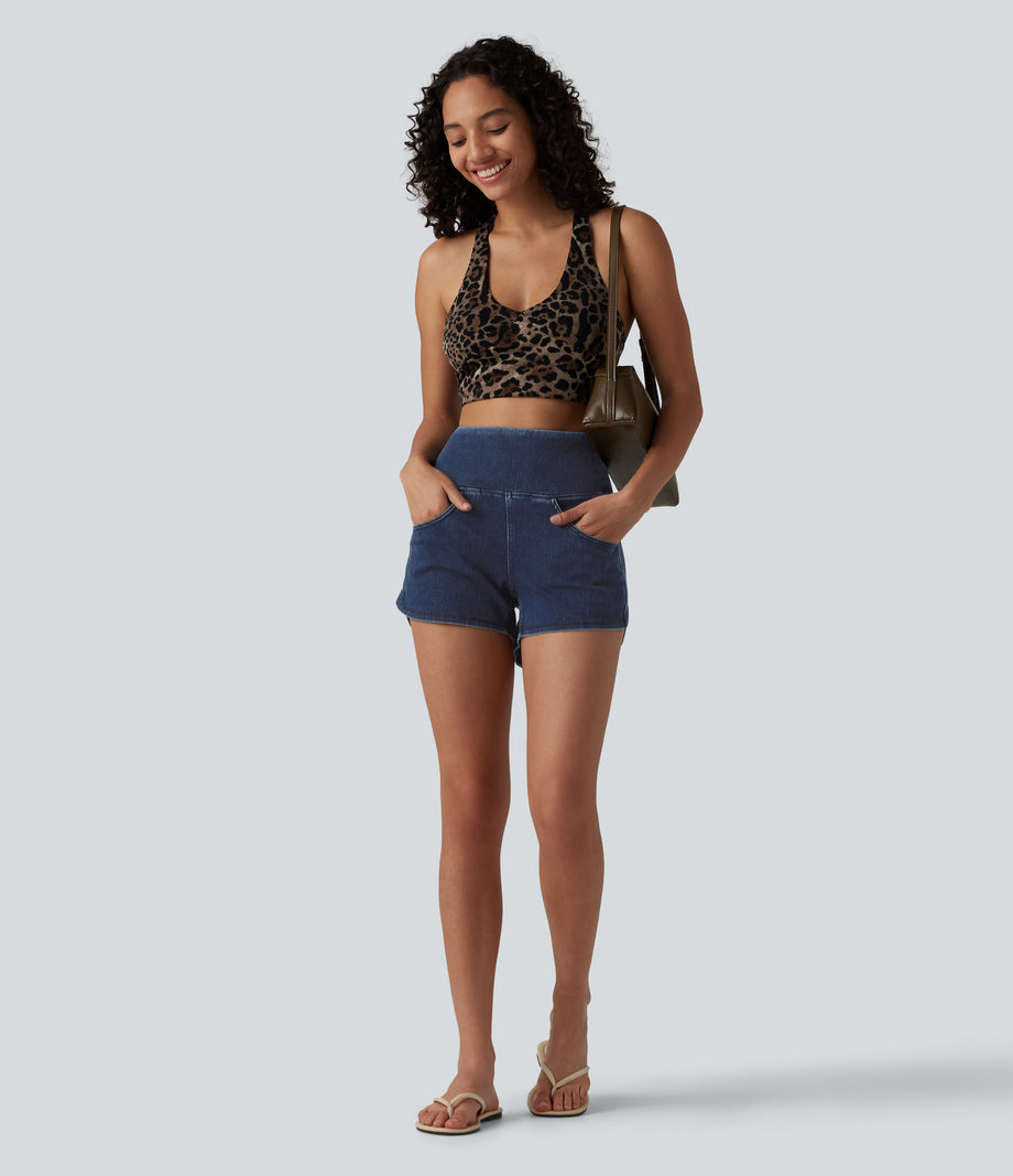 Halara Flex™ High Waisted Tummy Control Curved Hem Skinny Denim Casual Shorts with Pockets - Pageant Blue Denim