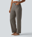 High Waisted Straight Leg Casual Linen-Feel Pants with Pockets - River Stone