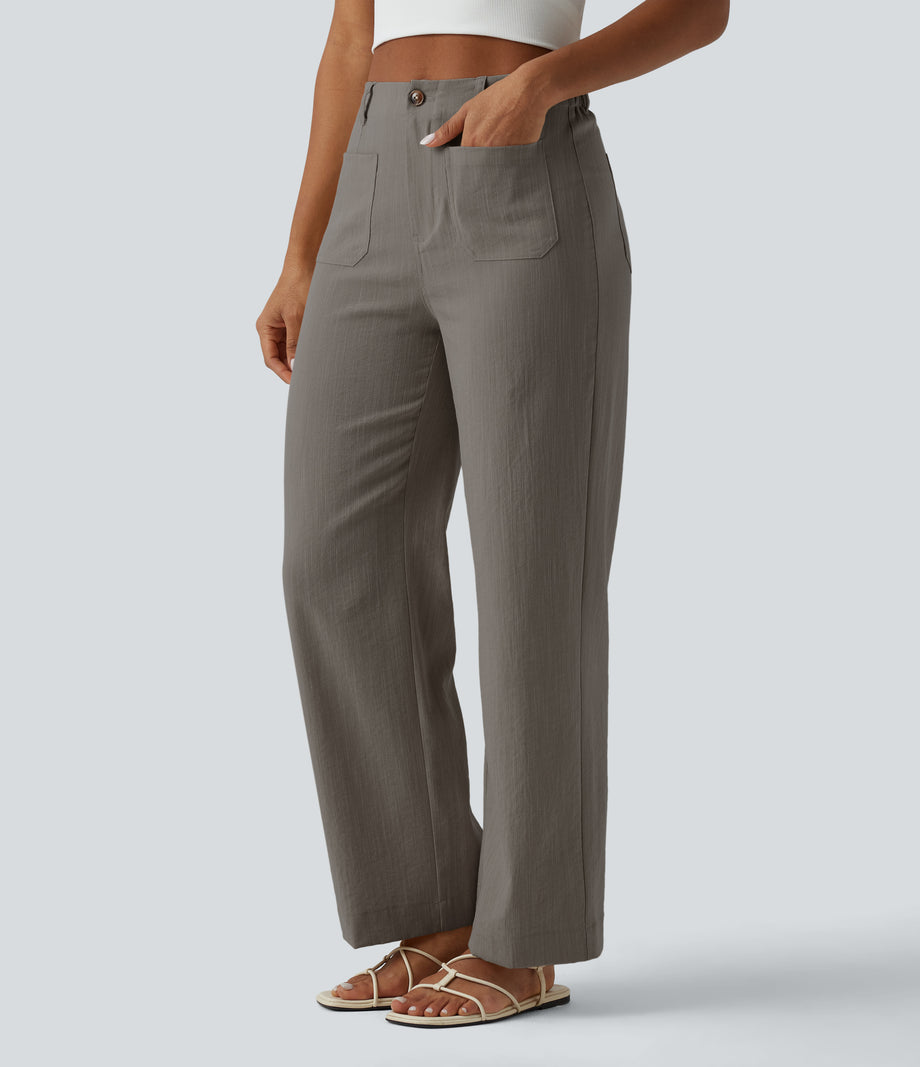 High Waisted Straight Leg Casual Linen-Feel Pants with Pockets - River Stone