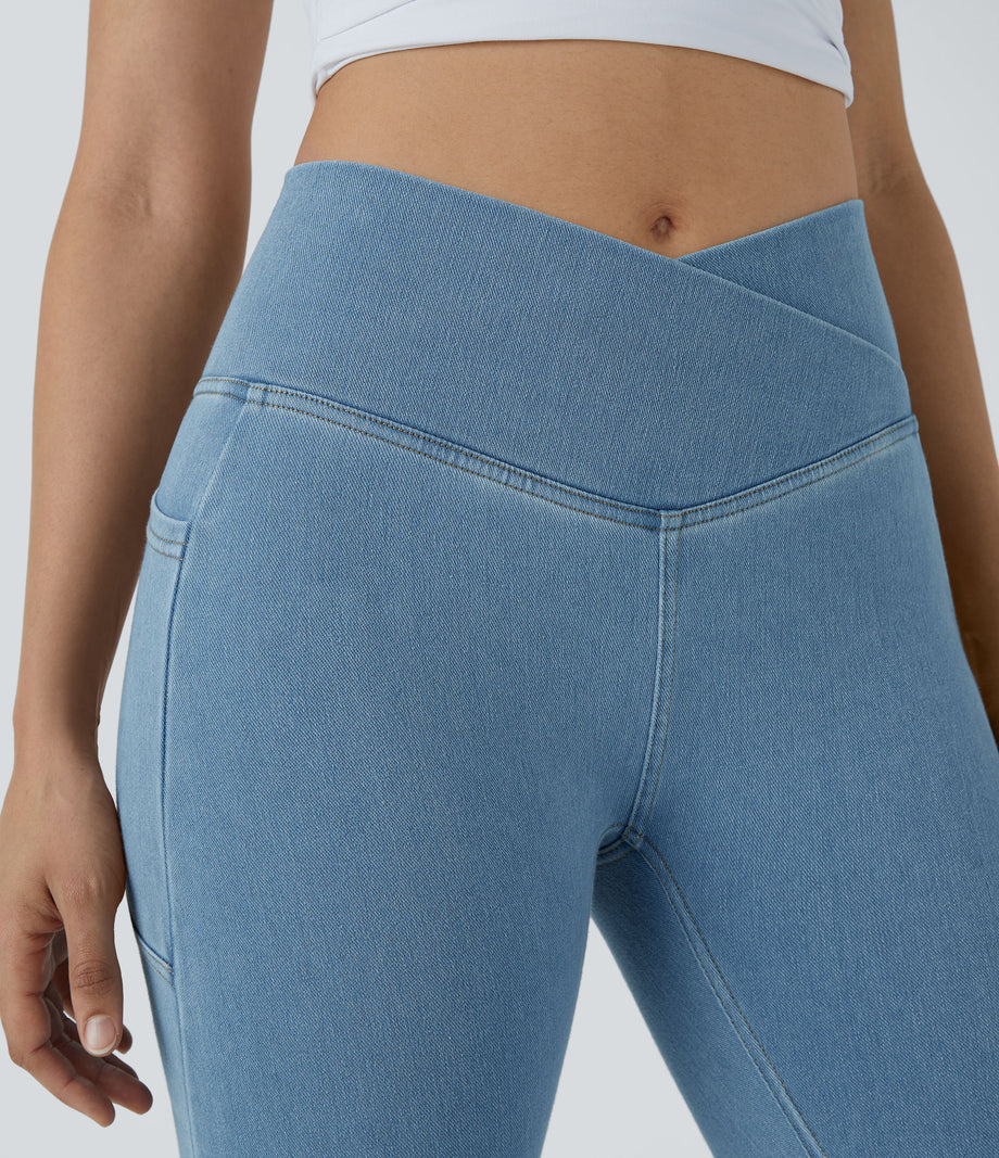 Halara Flex™ Crossover Pocket Washed Denim Work Leggings - Washed Denim Sunny Blue