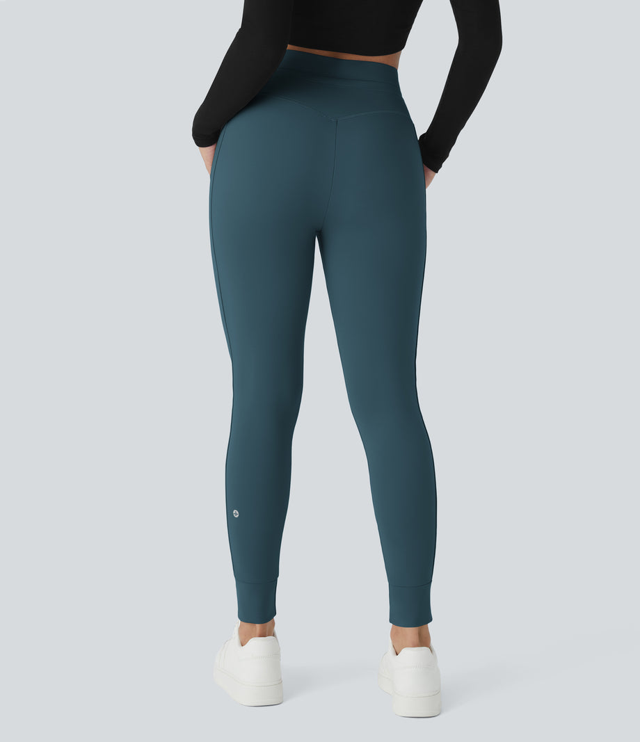 SoftlyZero™ Plush High Waisted Drawstring Pocket Plain Full Length Joggers - Oxford Blue