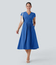 Breezeful™ V Neck Short Sleeve Pocket Tie Back Quick Dry Midi Casual Dress - Nebulas Blue
