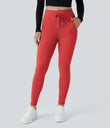 SoftlyZero™ Plush High Waisted Drawstring Pocket Plain Full Length Joggers - Poinsettia