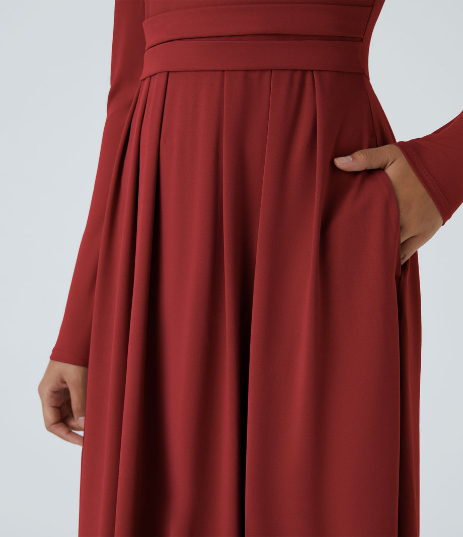 Mock-neck Long Sleeve Pocket Flare Maxi Casual Dress - Emboldened