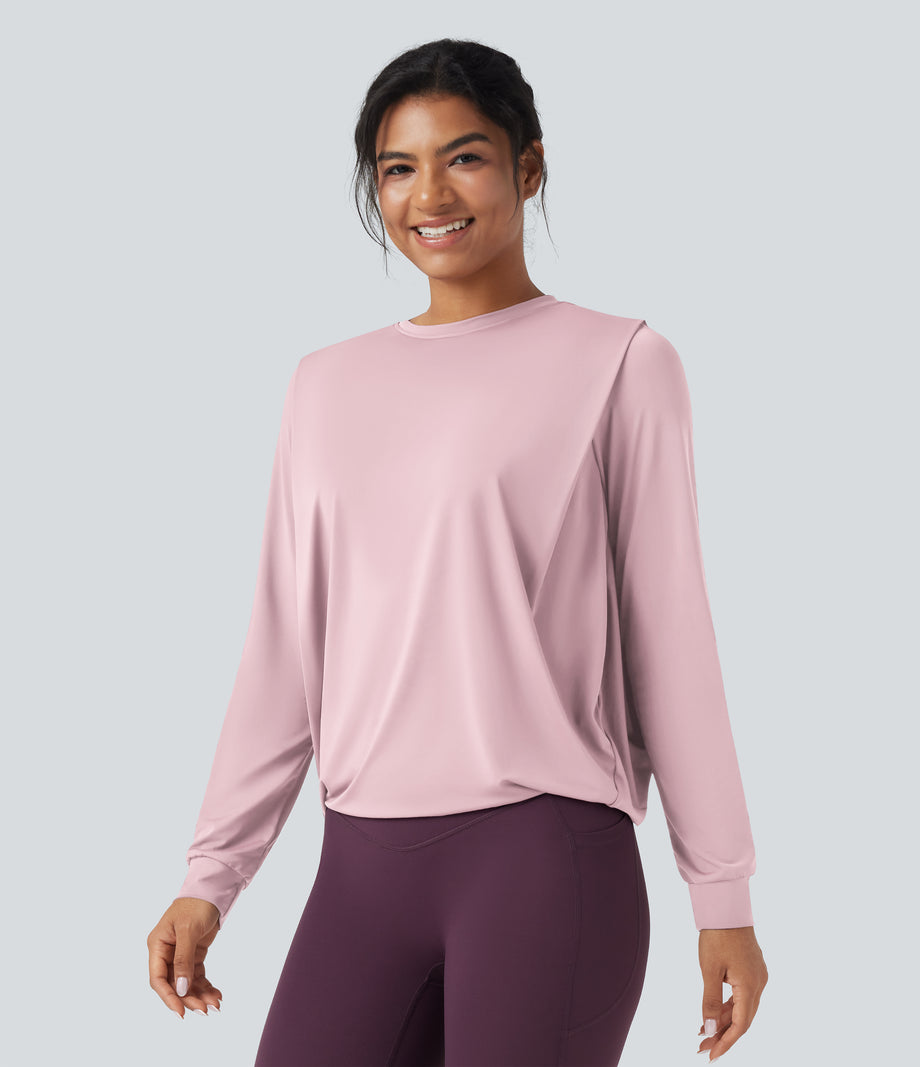 Round Neck Long Sleeve Ruched Yoga Sports Top-UPF50+ - Primrose Pink