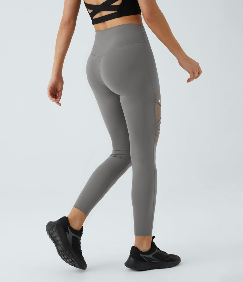 DayStretch High Waisted Crossover Contrast Mesh Decorative Buckle Yoga Leggings - Silent Storm