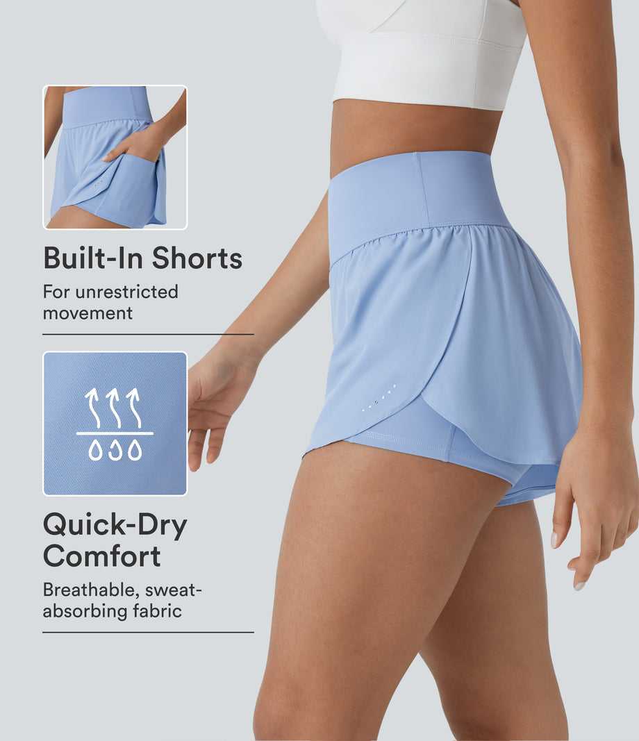 SoftlyZero™ QuickDry High Waisted Tummy Control Reflective Dots Crossover Hem 2-in-1 Running Shorts 3'' with Pockets - Sky Blue