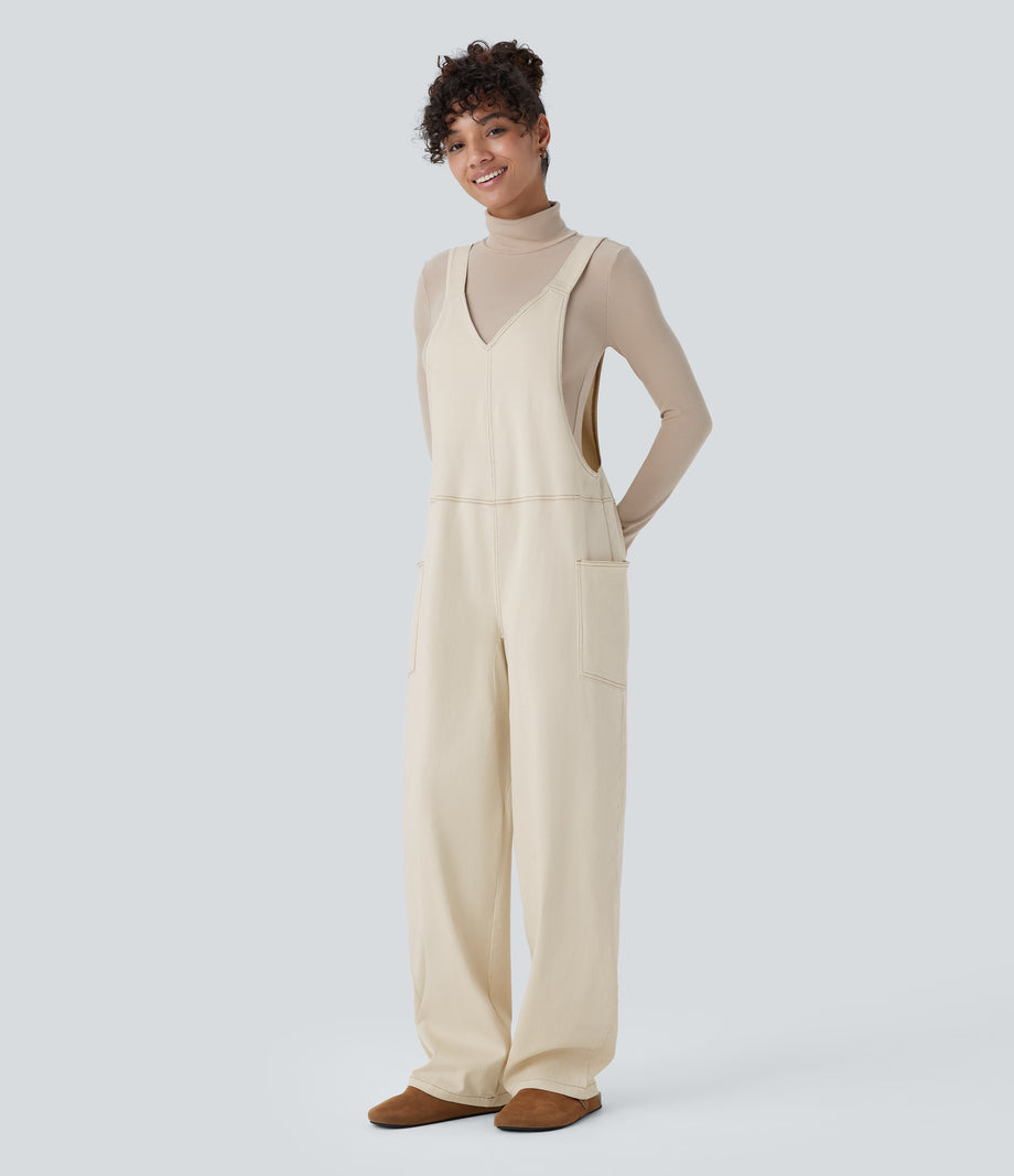Halara Flex™ V Neck Pocket Washed Denim Casual Overalls - Khaki White Denim