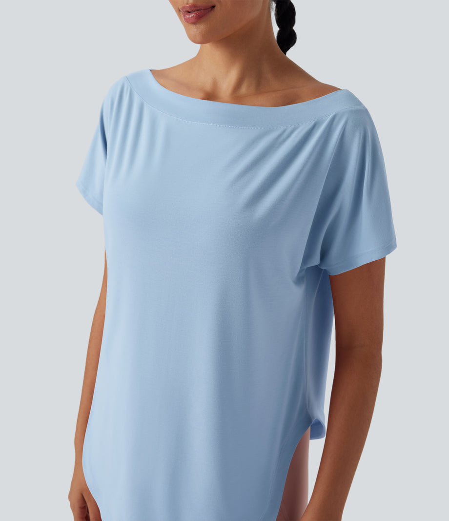 One Shoulder Short Sleeve Curved Hem High Low Quick Dry Yoga Sports Top - Angel Falls