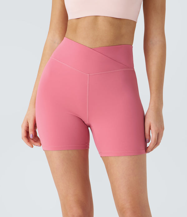 SoftlyZero™ Plush High Waisted Crossover Ruched Yoga Shorts 5'' - Begonia Rouge