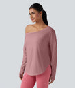 One Shoulder Long Sleeve Thumb Hole Curved Hem High Low Quick Dry Yoga Sports Top-Built-in Bra - Soft Berry