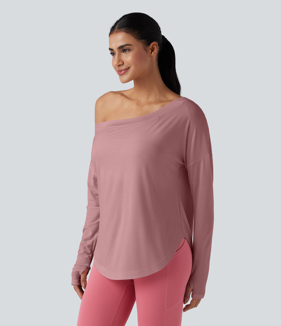 One Shoulder Long Sleeve Thumb Hole Curved Hem High Low Quick Dry Yoga Sports Top-Built-in Bra - Soft Berry