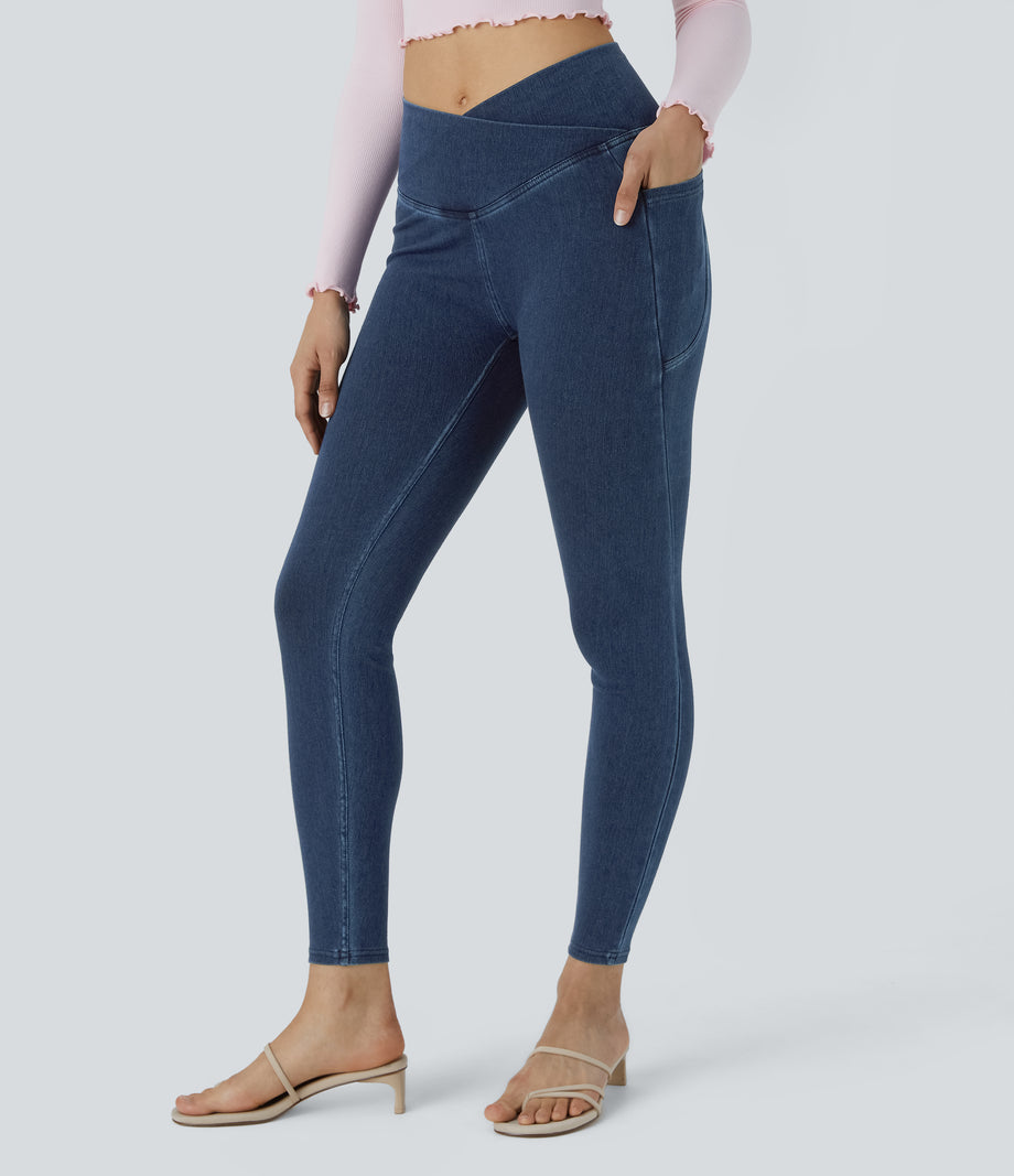 Halara Flex™ Crossover Pocket Washed Denim Work Leggings - Unitary Blue Denim