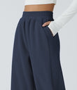 High Waisted Pocket Straight Leg Baggy Mop Corduroy Casual Pants - Mood Indigo