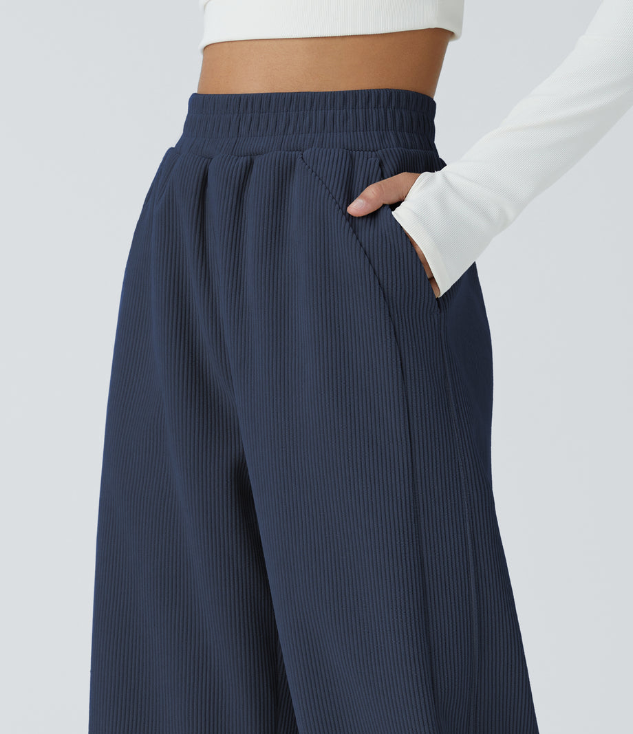 High Waisted Pocket Straight Leg Baggy Mop Corduroy Casual Pants - Mood Indigo