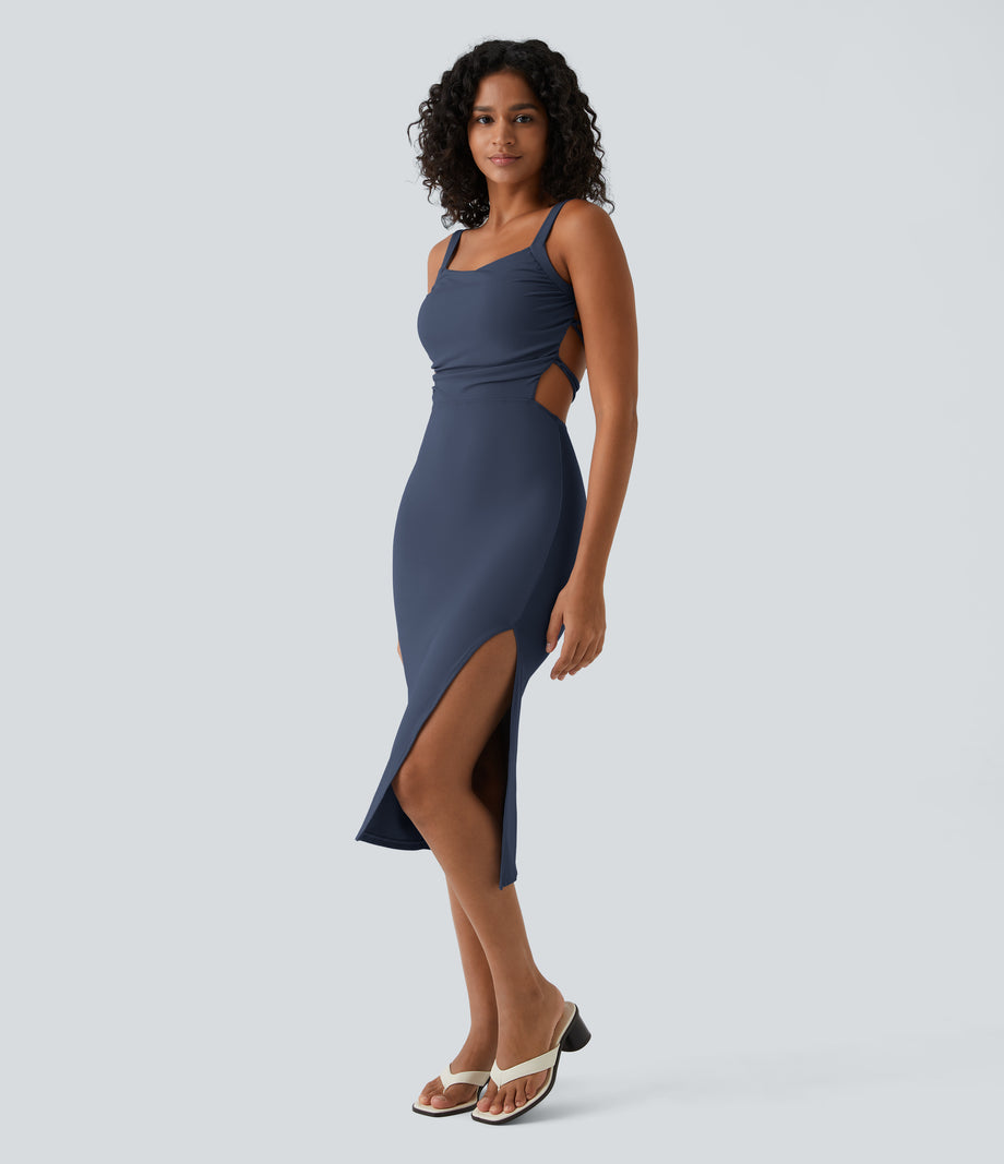 Ruched Lace Up Bodycon Midi Casual Dress - Mood Indigo