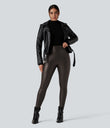 High Waisted Stretchy PU Fleece Casual Leggings with Pockets - Hot Fudge