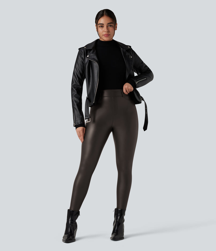 High Waisted Stretchy PU Fleece Casual Leggings with Pockets - Hot Fudge