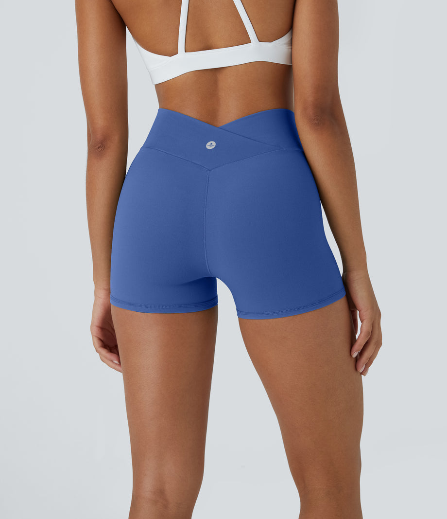 SoftlyZero™ High Waisted Crossover Plain Yoga Biker Shorts 3''-UPF50+ - Beaucoup Blue
