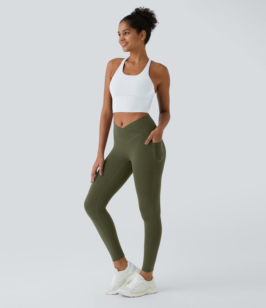 SoftlyZero™ Crossover Pocket Plain Leggings-UPF50+ - Grass Grey Green