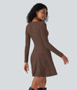 Ribbed Knit V Neck Long Sleeve Flare Mini Casual Dress with Pockets - Earthy Brown Floral Yarn