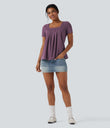 Square Neck Short Sleeve Casual Top - Argyle Purple